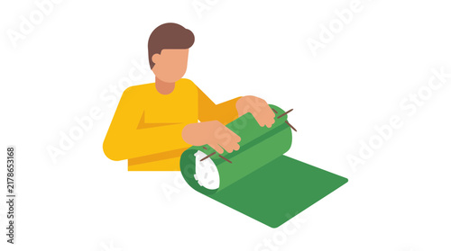 Isometric flat illustration of a man wrapping traditional Asian snacks in green banana leaves, representing street food preparation and local culinary heritage.
