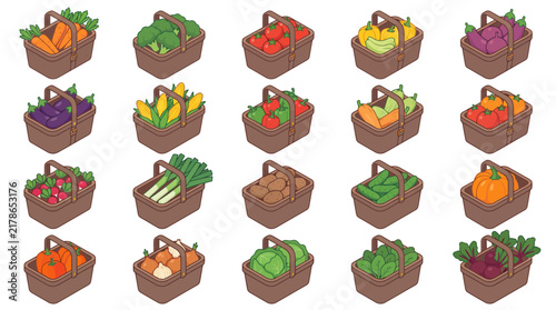 Isometric vector collection of harvest baskets filled with various fresh farm vegetables like tomatoes, carrots, and pumpkins, isolated on white for organic food and agriculture design.