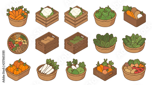 Fresh vegetable collection in wooden crates and woven baskets including carrots, pumpkins, tomatoes, and leafy greens, isolated on white.