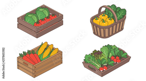 Isometric vector set of wooden crates and baskets filled with fresh organic vegetables including tomatoes, carrots, corn, bell peppers, and greens for farmers market and harvest concepts.