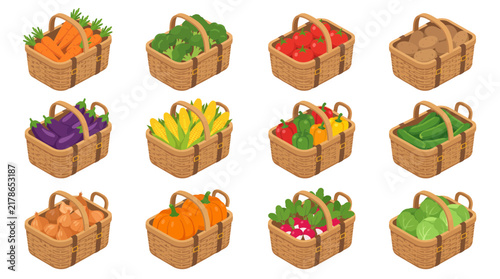 Comprehensive collection of fresh organic vegetables in wicker baskets including carrots, tomatoes, and pumpkins, isometric flat vector illustration for harvest and farmer's market themes.
