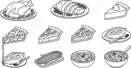 A collection of Thanksgiving holiday food icons featuring roasted turkey, various pies, corn on the cob, mashed potatoes, and stuffing in a clean line-art style.