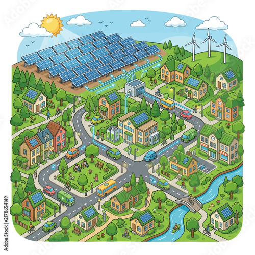 Cartoon Eco Friendly Smart City with Solar Panels Wind Turbines and Green Sustainable Energy Grid System