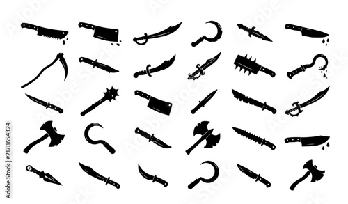 Halloween Horror Knife Cleaver Scythe and Cutlass Black Vector Sticker Set