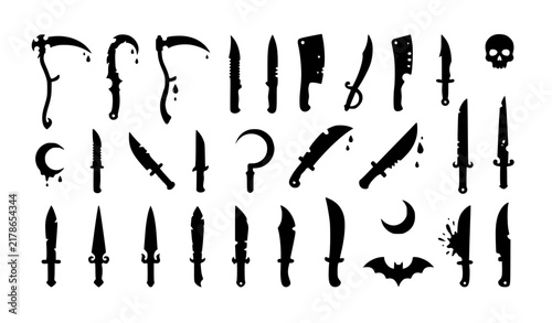 Black Knife Scythe Cleaver and Cutlass Halloween Horror Sticker Vector Set