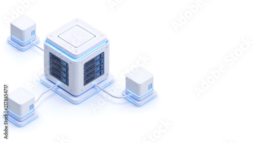 Plakat 3D Isometric Server Central Unit Connected to Node Cubes with Glowing Blue Light