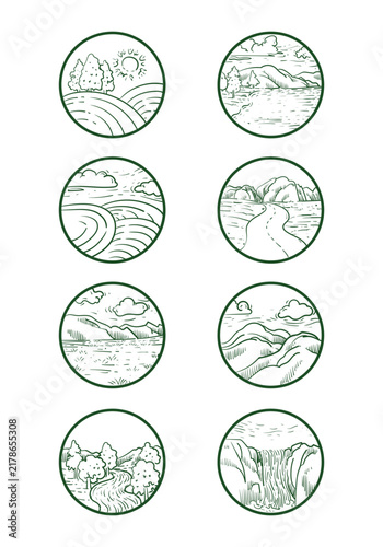 Set of circular botanical landscape illustrations with hand-drawn line art of mountains, trees, flowers, foliage, flowing water, and rolling natural scenery. Design for nature-themed wall art, logos. 