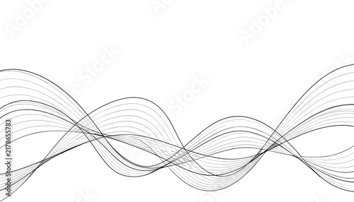 Dynamic abstract background consisting of flowing black wavy lines on a clean white background, representing sound waves.