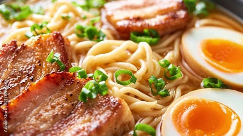 Delicious Bowl Of Ramen Noodles With Pork, Eggs And Green Onions, Fresh And Tasty