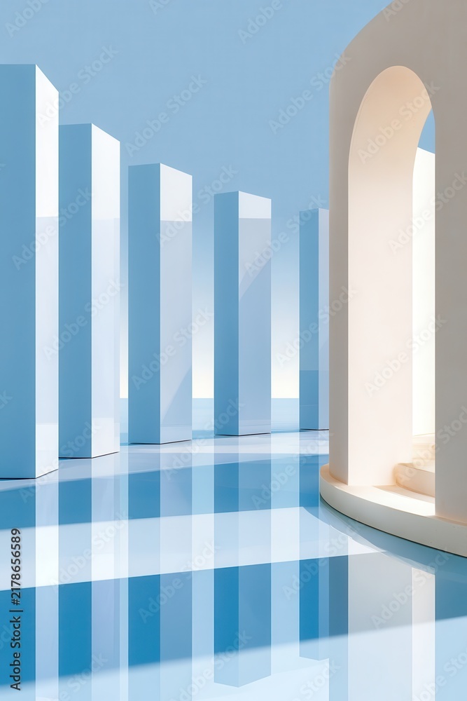 Obraz premium Calm minimal architectural scene with blue reflective columns and a soft arched doorway