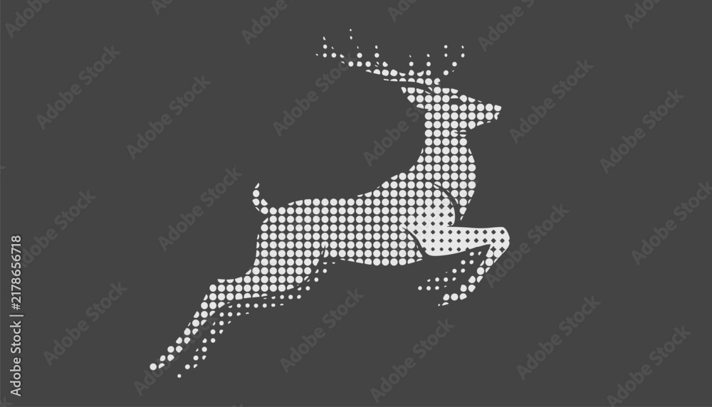 Obraz premium Stunning halftone holiday design of a leaping reindeer composed of white dots on a solid dark grey background.