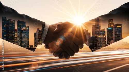 Business handshake double exposure with city skyline and light trails at sunset with close handshake combined