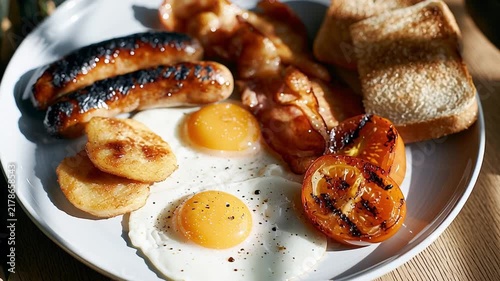 Delicious Breakfast Plate With Eggs, Bacon, Sausages, Toast, And Grilled Tomatoes On Table