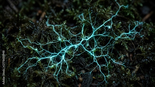 Bioluminescent glowing mycelium network spreading across dark damp forest moss captured in sharp focus with deep shadows and vibrant textures