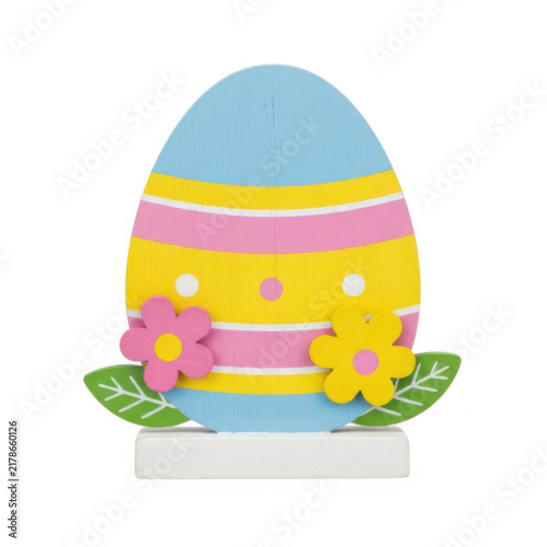 Colorful striped Easter egg decoration with cute flowers and green leaves