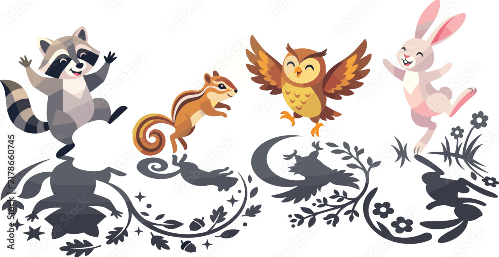 Fototapeta premium Cute forest animals with raccoon squirrel owl and rabbit vector illustration