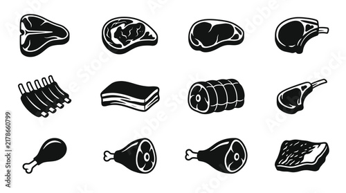 Monochrome meat vector illustration collection featuring diverse raw steak cuts and various delicious protein food icons