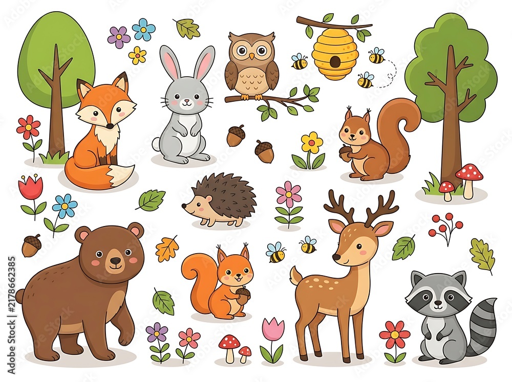 Obraz premium Colorful vector illustration of cheerful woodland animals in a forest setting