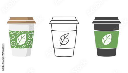 Eco friendly disposable paper coffee cups with green leaf sleeves shown in three different design styles.