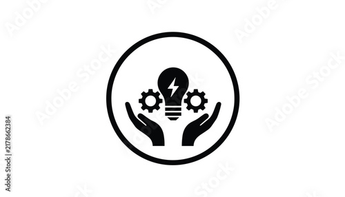 Innovative solution concept icon showing gears lightbulb with lightning bolt and supporting hands in circle.