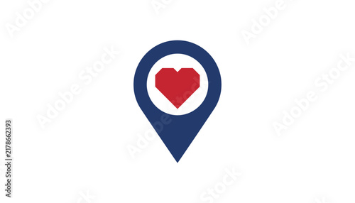 Healthcare location pin icon with dark blue map pointer containing red heart symbol inside white circle.