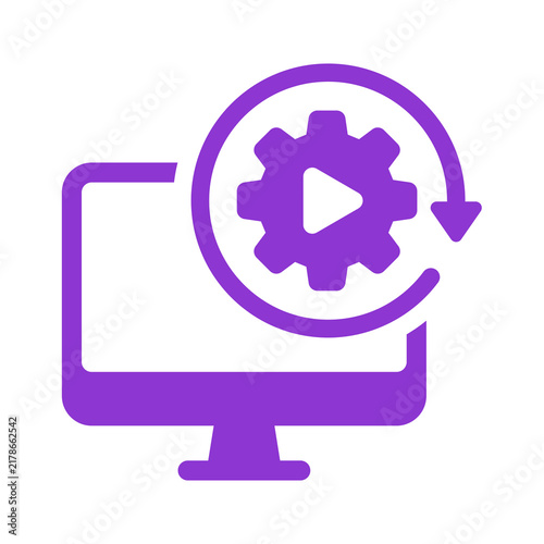 Purple computer monitor icon with a gear and play button symbol transparent background