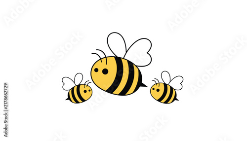 Cute cartoon honey bee family flying together with one large parent bee and two smaller baby bees.