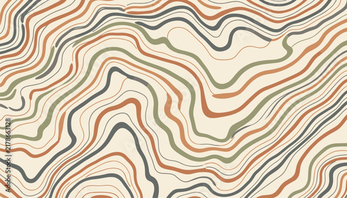 Earthy organic line art pattern depicting fluid marble texture in warm beige brown and olive green colors.