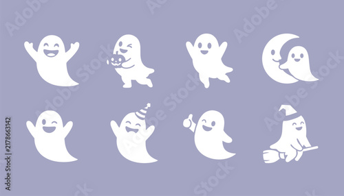 Cute Halloween white ghost character silhouettes in various poses and costumes displayed on purple background.
