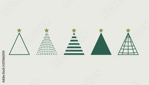 Stylized green Christmas tree collection with different abstract line patterns and gold star toppers.