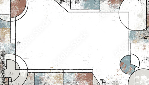 Distressed geometric border background with colorful shapes and grunge texture around central blank space.