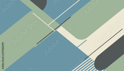 Geometric abstract background containing diagonal bands rounded rectangles and stripes in retro earth tones.