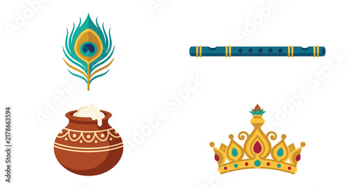 Foto Peacock feather flute pot and crown are colorful vector illustrations on white