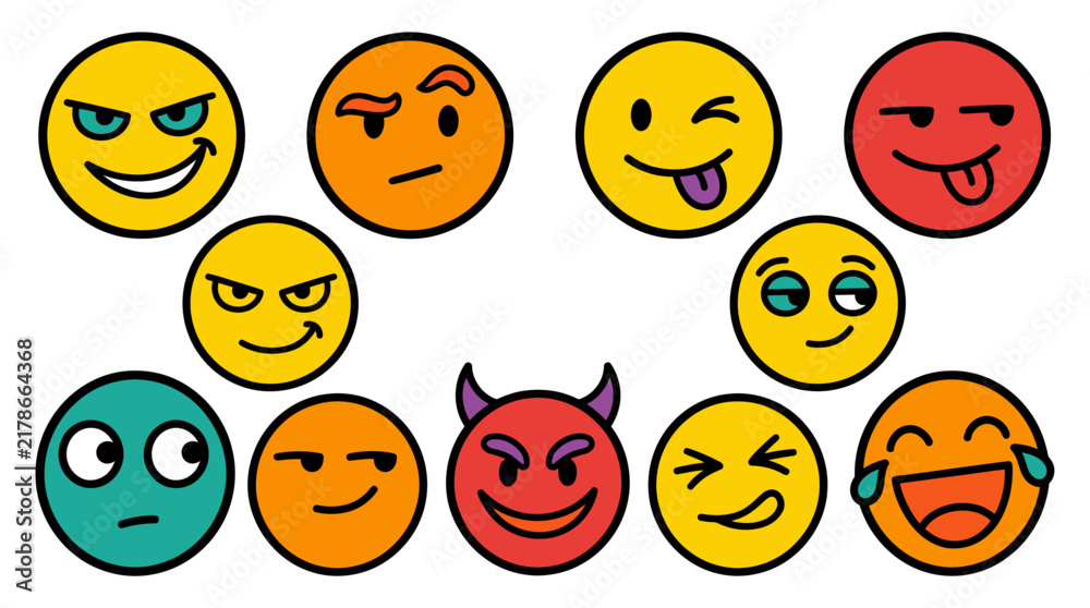 Fototapeta premium Colorful emoji face collection, expressive cartoon character icons, set of 11 vibrant vector emoticons for social media and chat apps