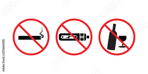  No Smoking, No Alcohol and No vapping Prohibition Signs Set – Red Circle Warning Symbols Vector Illustration
