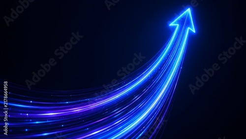 High speed futuristic growth concept with sleek neon blue light trails forming a sharp upward curving arrow symbolizing hyper-growth and rapid acceleration
