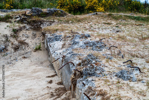 Obraz na plátně Destroyed WWII German concrete bunker remnants with rusty rebar in the sand at the Tirpitz Battery area