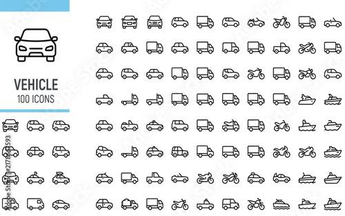 Collection of hand drawn vehicle icons and transportation illustrations in black and white
