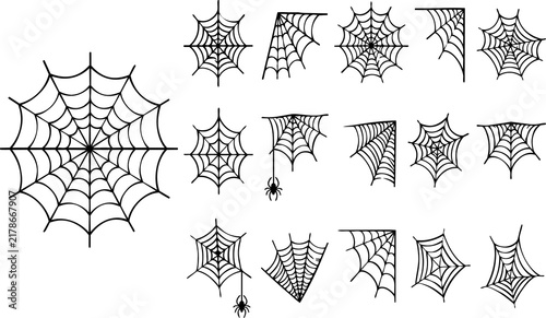 Фотография Detailed hand drawn spider webs and corner cobwebs for halloween design