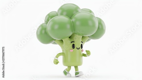 3D render of a cute broccoli character running, isolated on white background