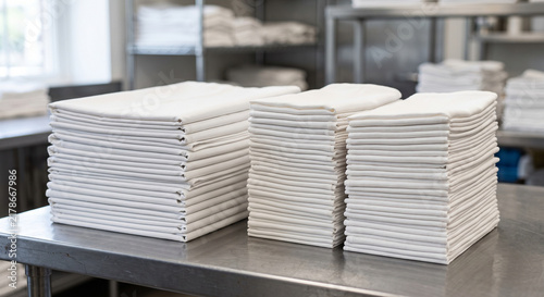 Bild auf Leinwand Three tall stacks of precisely folded white sheets displayed on a stainless laundry table, with crisp fabric edges, softly blurred shelves, neutral palette