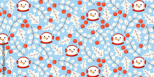 Cute Snowman Head and Red Berries Seamless Pattern in Hand Drawn Style. Winter holiday vector illustration with white leaves and branches perfect for cards, print, banner, label