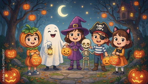 Children in halloween costumes trick-or-treating at night with jack-o'-lanterns