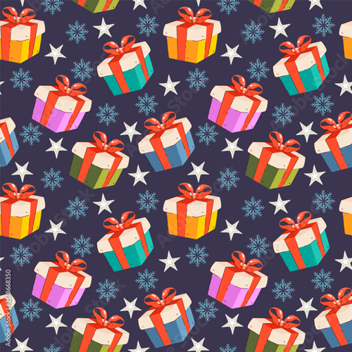 Christmas Gift Box and Snowflake Seamless Pattern in Hand Drawn Style. Winter holiday vector illustration with stars, ribbons perfect for cards, print, banner, label