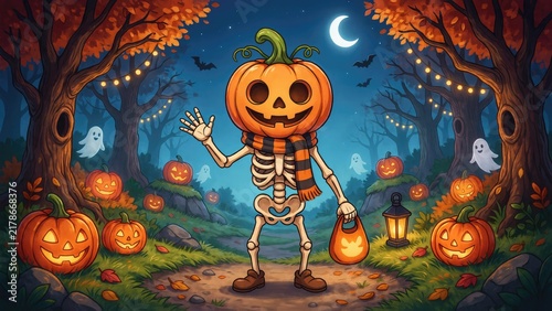 Cartoon skeleton with pumpkin head waving in a spooky forest at night