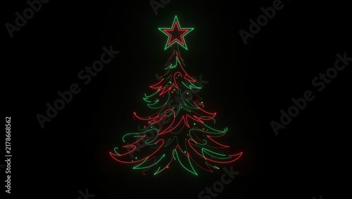 Neon red and green christmas tree silhouette with star topper