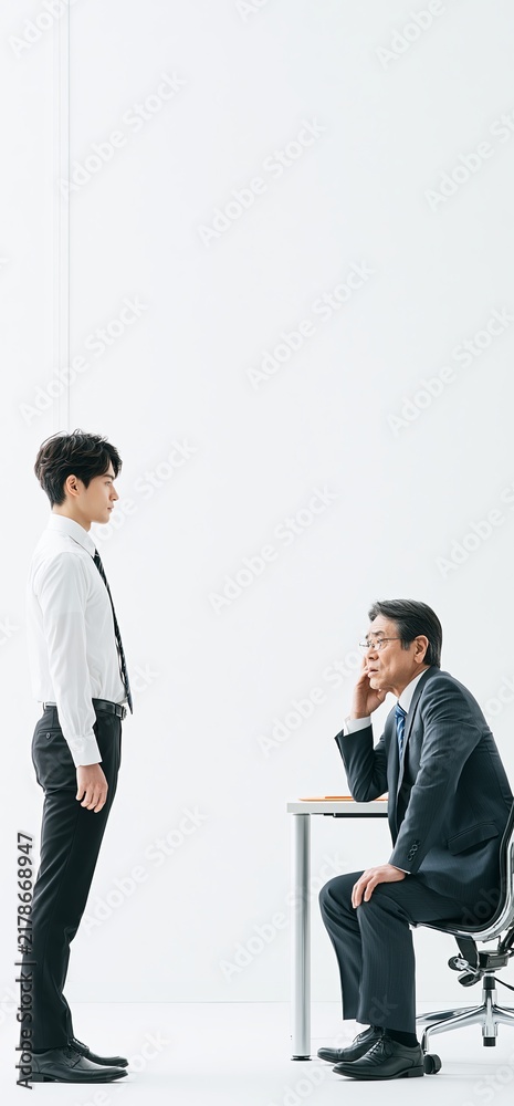 Fototapeta premium Employee standing talking with manager at desk. Young businessman standing next to blank space, talking with manager seated at white desk