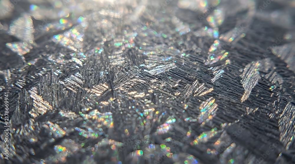 Obraz premium Intricate frost patterns with prismatic light reflections captured in macro detail on a dark surface during cold winter morning hours