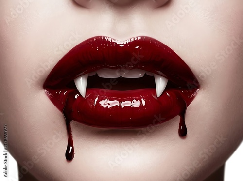 Closeup of a vampire woman with glossy red lips and sharp fangs with blood dripping from the mouth, isolated on white background