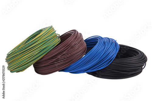 A stack of coiled electrical wires in various colors